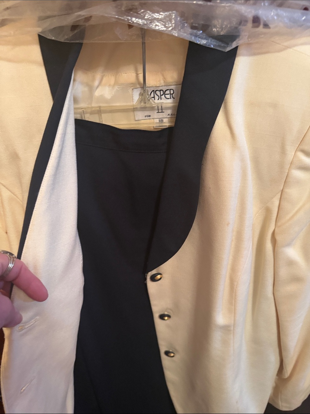 Kasper Cream suit with Black Shawl Lapel and black skirt